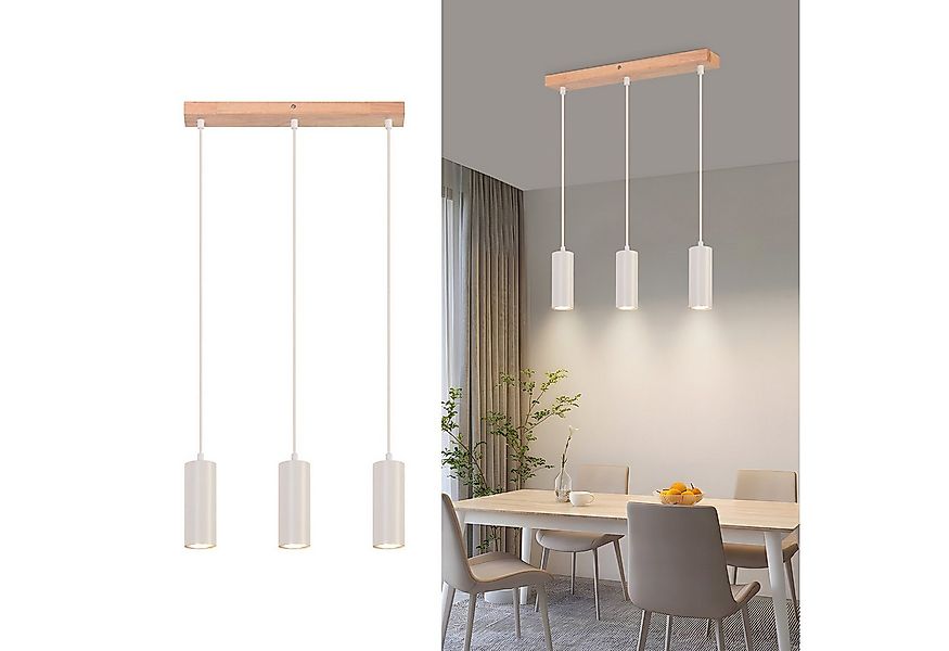 Nettlife Pendelleuchte Holz Vintage Weiß Esstisch GU10 3 Flammig Hängelampe günstig online kaufen
