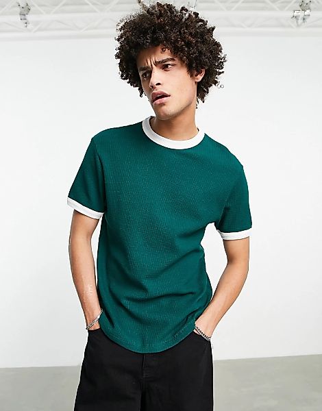 ASOS DESIGN – T-Shirt in Dunkelgrün mit Waffelstruktur und weißer, kontrast günstig online kaufen