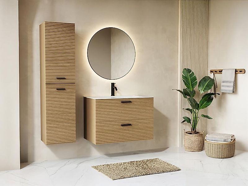Badhochschrank hängend gestreift - Holzfarben hell - H. 140 cm - SARONE günstig online kaufen
