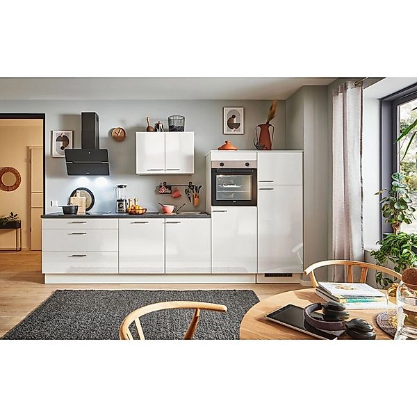 pino Küchenzeile 340 cm Weiß Hochglanz Anschlag rechts 2 Geräteschränke günstig online kaufen
