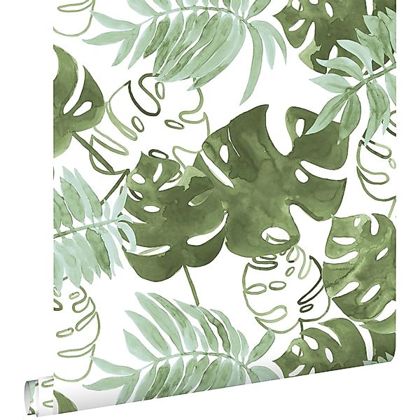 ESTAhome Tapete Gemalte Tropische Dschungelblätter Olivgrün 53 Cm X 1005 Cm günstig online kaufen