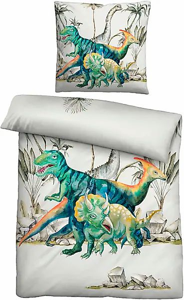 Biberna Kinderbettwäsche »Dinos« 2 Stk. tlg. 135/200+80/80 cm, atmungsaktiv günstig online kaufen