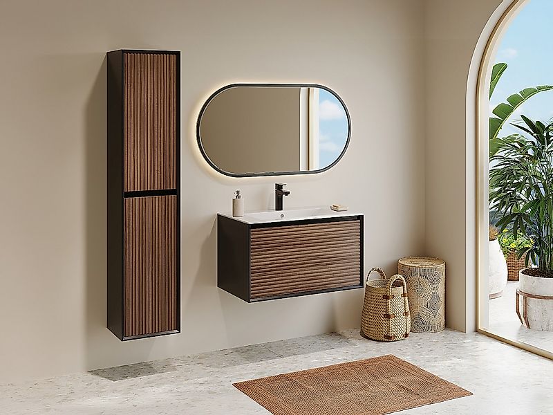 Waschbeckenunterschrank hängend mit Einbauwaschbecken, Badhochschrank & Arm günstig online kaufen