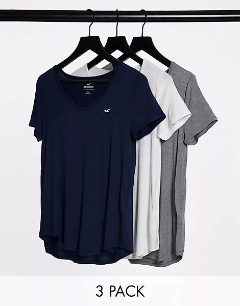 Hollister – T-Shirts in verschiedenen Farben mit V-Ausschnitt im 3er-Pack-M günstig online kaufen