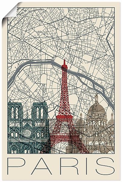 Artland Wandbild "Retro Karte Paris Frankreich und Skyline", Frankreich, (1 günstig online kaufen