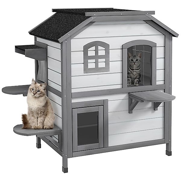 PawHut Tierhöhle Katzenhaus aus Holz, Outdoor Katzenhütte mit Treppe, 2-Eta günstig online kaufen