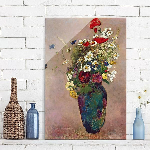 Glasbild Kunstdruck - Hochformat Odilon Redon - Blumenvase mit Mohn günstig online kaufen