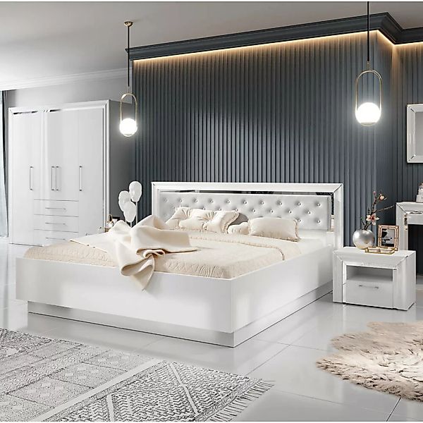 Schlafzimmer Set 4-teilig ASERI-83 mit Bett 160x200 in weiß Hochglanz günstig online kaufen