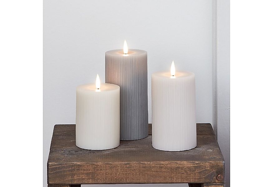 Lights4fun LED-Kerze TruGlow® LED Kerzen Echtwachs Trio geriffelt grau günstig online kaufen