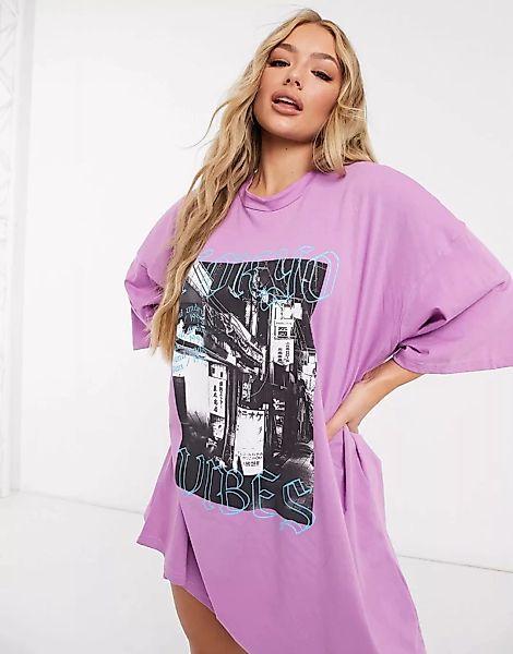 ASOS DESIGN – Violettes Oversize-T-Shirt-Kleid mit Slogan „Tokyo Vibes" günstig online kaufen
