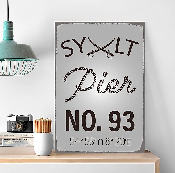 queence Metallbild "Sylt Pier", Meer Bilder-Schriftzug-Meer-Strand, (1 St.) günstig online kaufen
