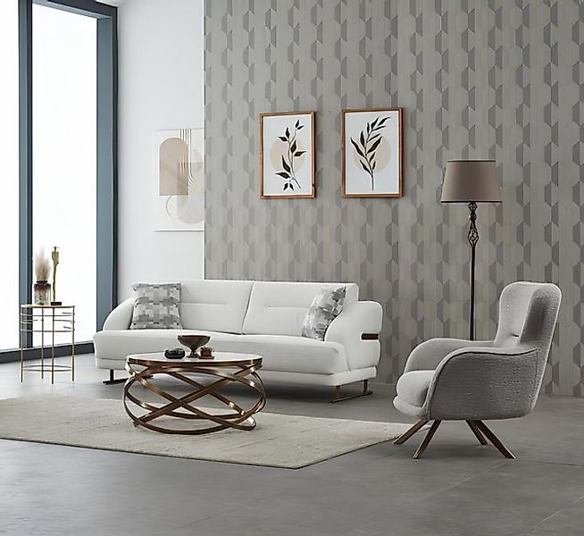 JVmoebel Sofa Polstersofa Couchgarnitur Dreisitzer Sessel Weiß Couch Stoffs günstig online kaufen