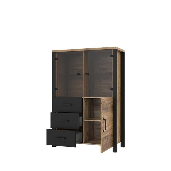 Wohnzimmer Vitrinenschrank im Industry und Loft Stil drei Schubladen günstig online kaufen
