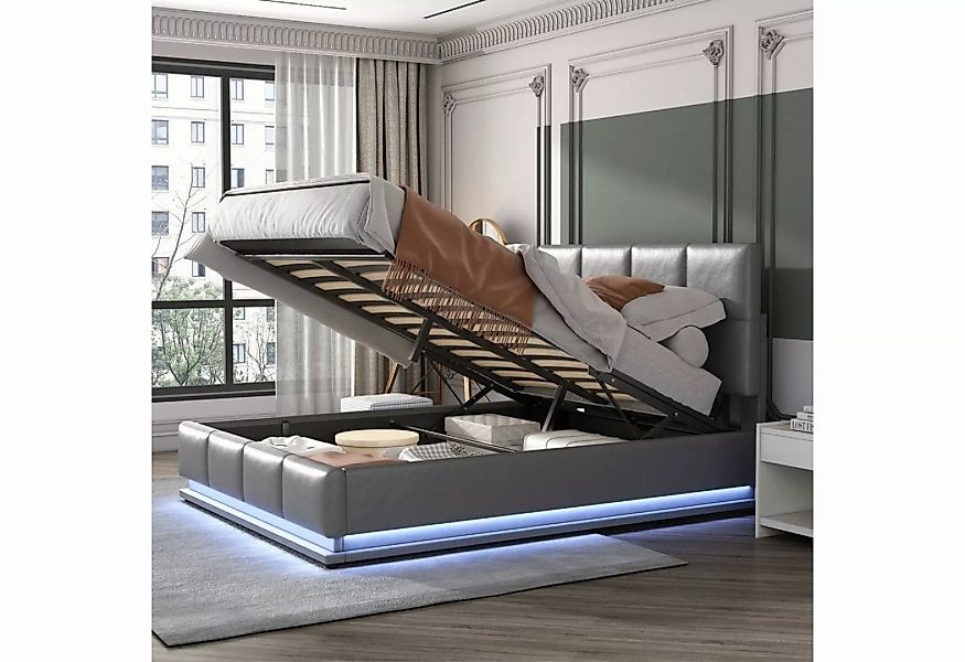 Merax Polsterbett mit LED-Beleuchtung, Lattenrost und Bettkasten, Bezug Kun günstig online kaufen