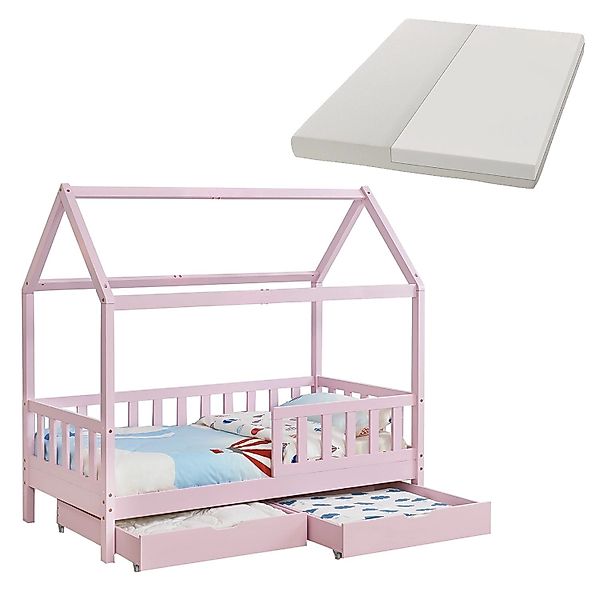 Juskys Kinderbett Marli 80 x 160 cm mit Bettkasten und Matratze Rosa günstig online kaufen