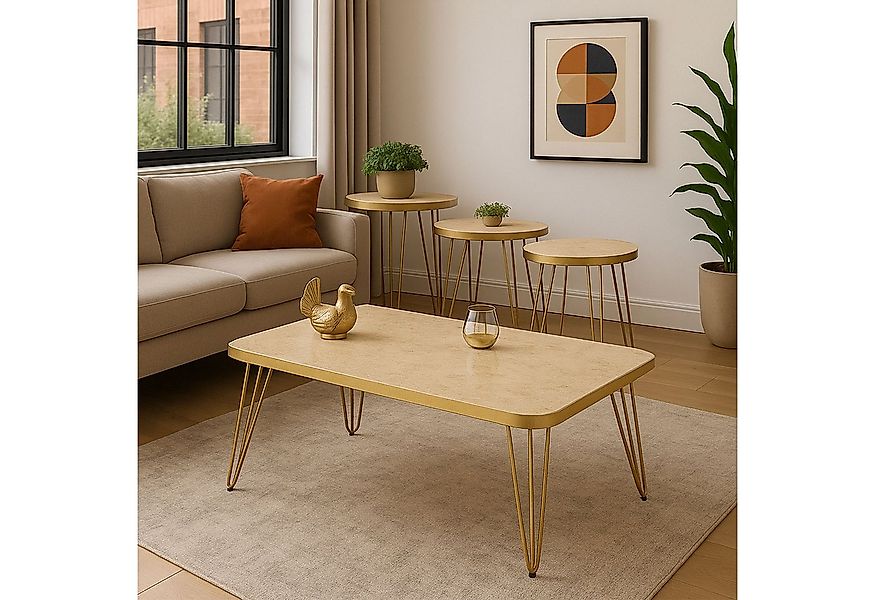 Jungengel Couchtisch Set 4-teilig Travertin Creme Gold Wohnzimmer Beistellt günstig online kaufen