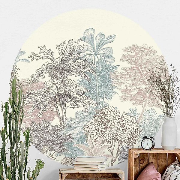Runde Tapete selbstklebend Tropenwald mit Palmen in Pastell günstig online kaufen
