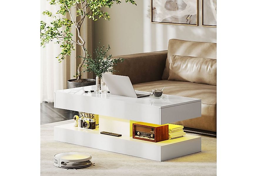HOMCOM Couchtisch mit 12-Farbiger LED Beleuchtung, 2 Schublade, offenem Reg günstig online kaufen