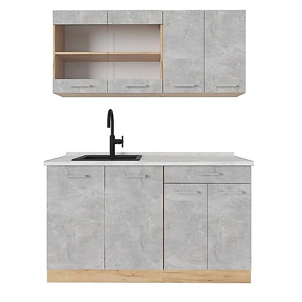 Vicco R-Line Single Küche Beton/Goldkraft Eiche 140 cm AP Marmor ohne E-Ger günstig online kaufen