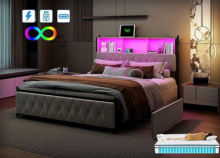 FUROKOY Polsterbett Doppelbett Stauraumbett mit USB+Type günstig online kaufen