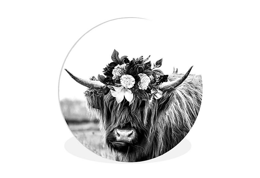 MuchoWow Gemälde Schottischer Highlander - Blumen - Schwarz - Weiß, Fotodru günstig online kaufen