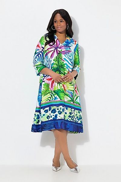 Ulla Popken Midikleid Satin-Midikleid Blätter A-Linie Hemdkragen 3/4-Arm günstig online kaufen
