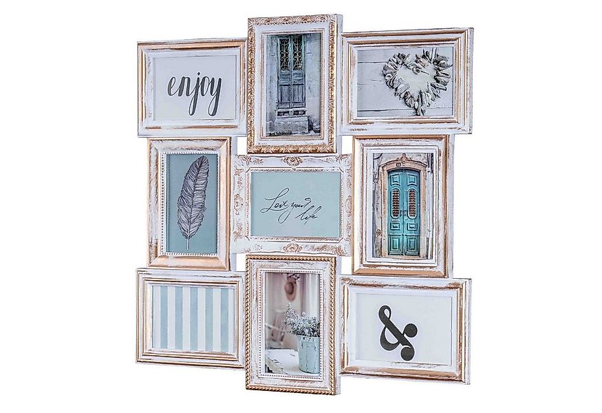 Levandeo® Bilderrahmen Collage, Bilderrahmen weiß gold gewischt 9 Fotos Bar günstig online kaufen