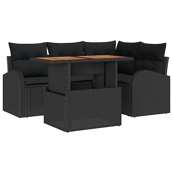 vidaXL Loungesofa 5-teiliges Garten-Essensemble mit Kissen Schwarz Poly-Rat günstig online kaufen