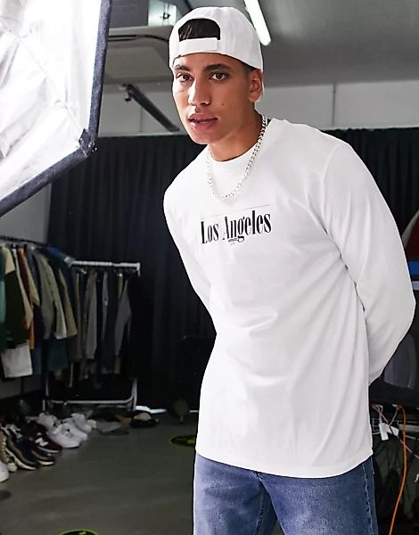 ASOS DESIGN – Langärmliges Shirt aus Bio-Baumwolle in Weiß mit „Los Angeles günstig online kaufen