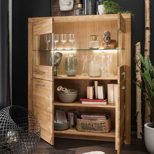 Highboard Vitrine 2 Glastüren Wildeiche Massivholz günstig online kaufen