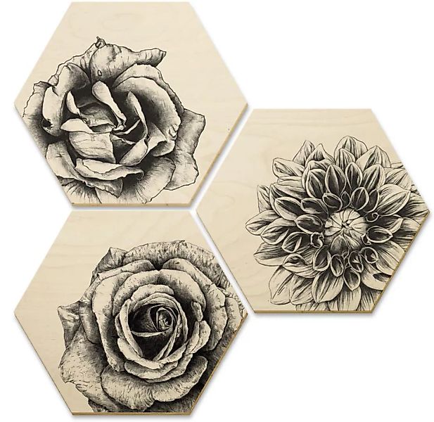 Wall-Art Mehrteilige Bilder "Hexagon Holzbilder Blumen Set", (Set, 3 St.) günstig online kaufen