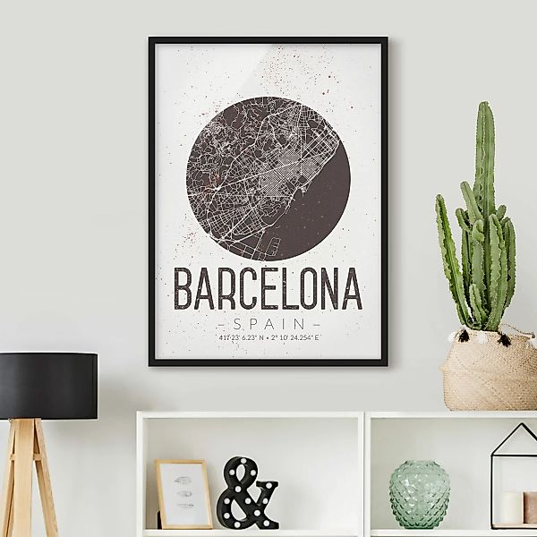 Bild mit Rahmen - Hochformat Stadtplan Barcelona - Retro günstig online kaufen