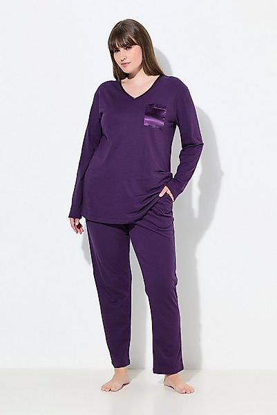 Ulla Popken Pyjama Pyjama Satin-Brusttasche V-Ausschnitt Langarm günstig online kaufen