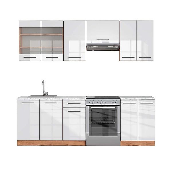 Vicco Fame-Line Komplettküche Weiß Hochglanz/Goldkraft Eiche 240 cm AP Marm günstig online kaufen