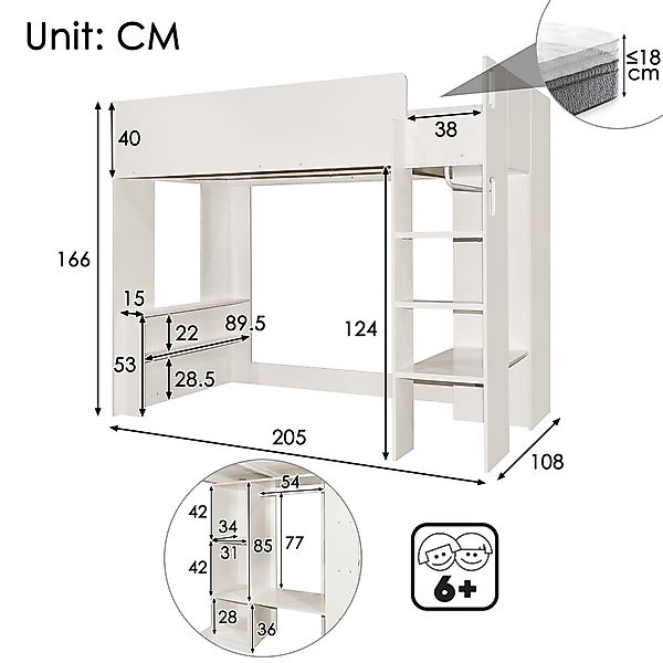Ulife Hochbett 3-in-1 Holzbett mit Kleiderschrank, günstig online kaufen