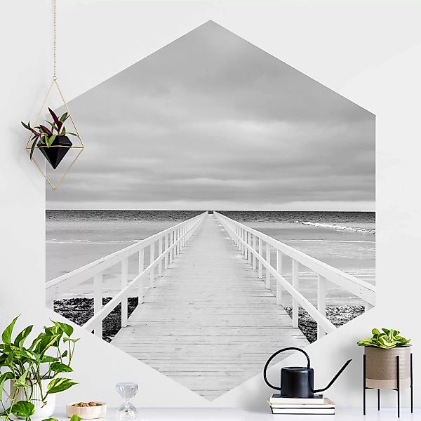 Hexagon Fototapete selbstklebend Brücke in Schweden Schwarz-Weiß günstig online kaufen