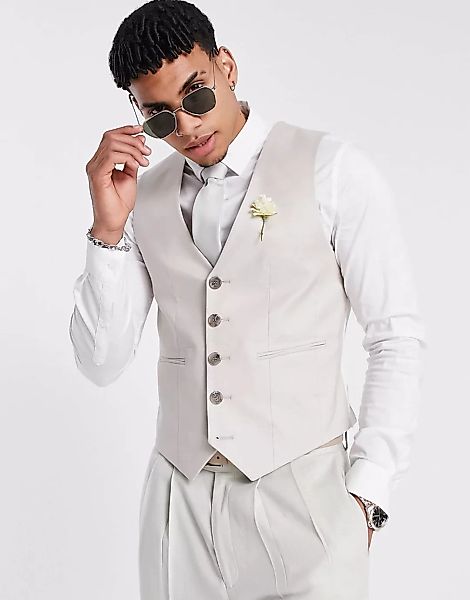 ASOS DESIGN Wedding – Super eng geschnittene Anzugweste aus Baumwollleinen günstig online kaufen
