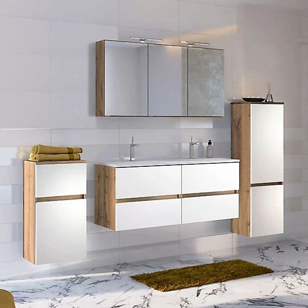Badezimmermöbelset in Weiß und Wildeiche Optik Doppelwaschtisch (vierteilig günstig online kaufen
