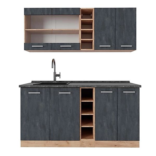 Vicco R-Line Mini-Küche Schwarz Beton/Goldkraft Eiche 160 cm AP Anthrazit o günstig online kaufen