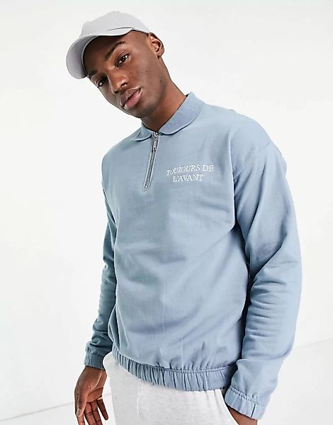 New Look – Sweatshirt in Blau mit Stickerei und Reißverschluss am Kragen günstig online kaufen