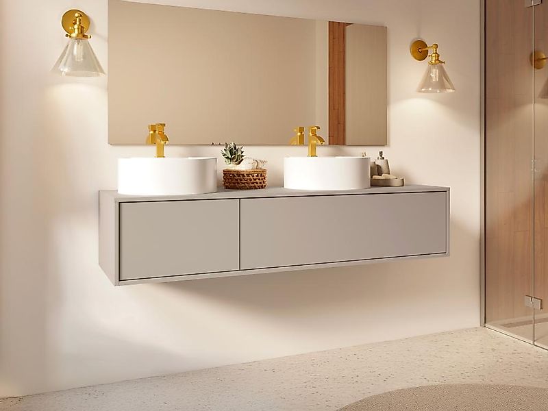 Waschbeckenunterschrank hängend mit Doppelwaschbecken rund - Beige - L150 c günstig online kaufen
