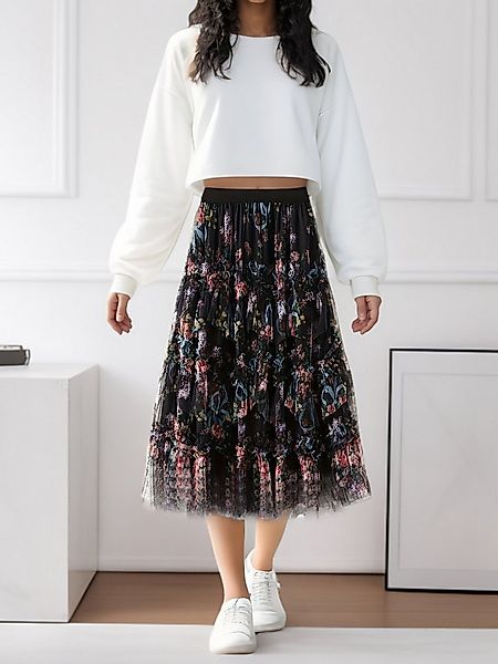 DEBAIJIA Meshrock Damen Elastischer mit Tüll Blumendruck hoher Taille Rock günstig online kaufen