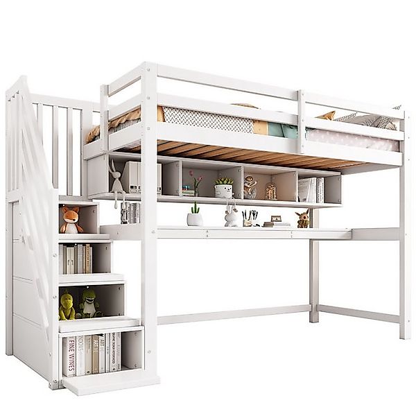 Merax Hochbett (Kieferholz Kinderbett mit Absturzsicherungszaun, 252x95x150 günstig online kaufen