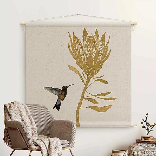 Wandteppich Kolibri und tropische goldene Blüte günstig online kaufen