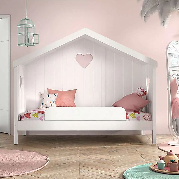 Kinderzimmerbett in Hausform - Weiß lackiert Herz Motive günstig online kaufen