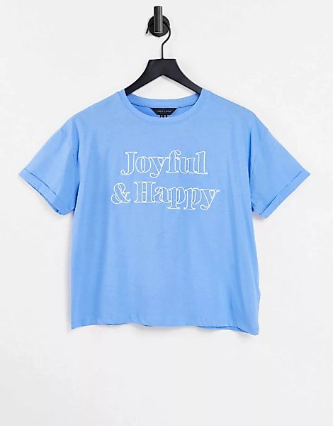 New Look – T-Shirt mit „Joyful & Happy“-Sloganstickerei in Hellblau günstig online kaufen