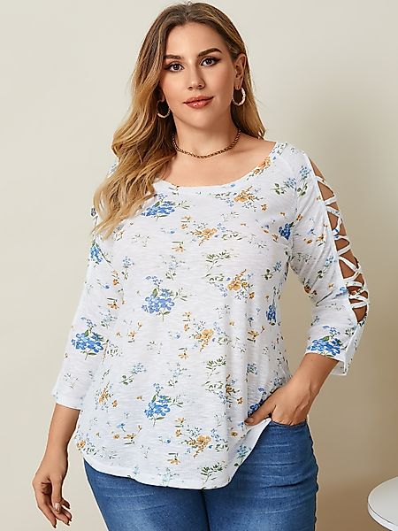 YOINS Plus Größe Blumendruck Criss-cross 3/4 Länge Ärmel T-Shirt günstig online kaufen