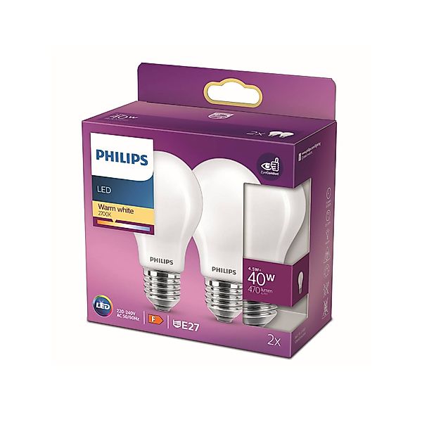 Philips LED-Leuchtmittel E27 Glühlampenform 4,5 W 2er Set 10,6 x 6 cm (H x günstig online kaufen