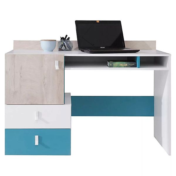 Schreibtisch in weiß mit Eiche und blau, PITTSBURGH-133 günstig online kaufen