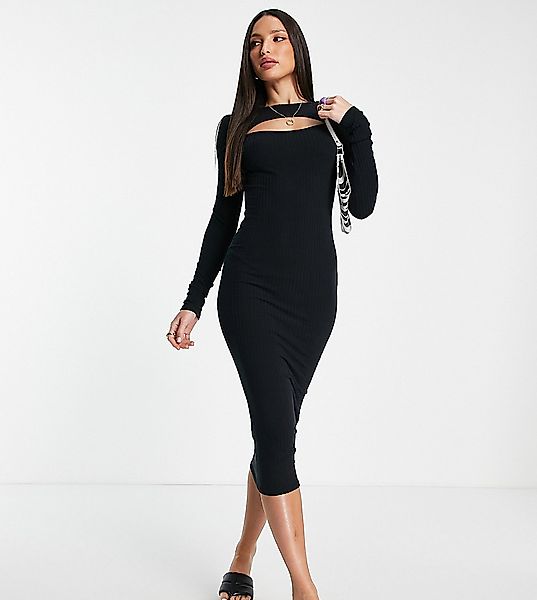 New Look Tall – Geripptes Kleid in Schwarz mit Zierausschnitt günstig online kaufen